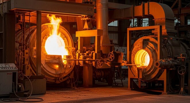 Intense Industrial Furnace Fire Melting Metal with Glowing Orange Heat in a Manufacturing Facility