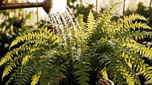 Copper watering can gently pouring sparkling water over lush green fern leaves in a sunlit greenhouse, plant care and growth