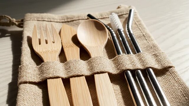 Reusable bamboo cutlery set with wooden fork, spoon, knife, and metal straws in a fabric pouch for eco-friendly lifestyle