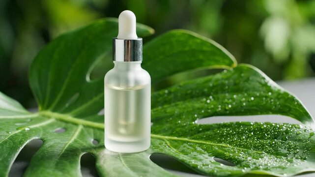 Glass dropper bottle with essential oil standing on a wet tropical monstera leaf showcasing natural cosmetics skincare organic beauty spa wellness health routine