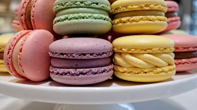 A pyramid of colorful French macarons arranged on a white ceramic stand, sweet dessert display