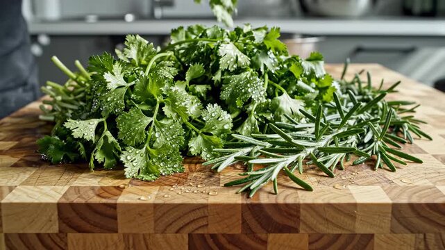 Fresh green cilantro and rosemary herbs with water drops on a wooden cutting board