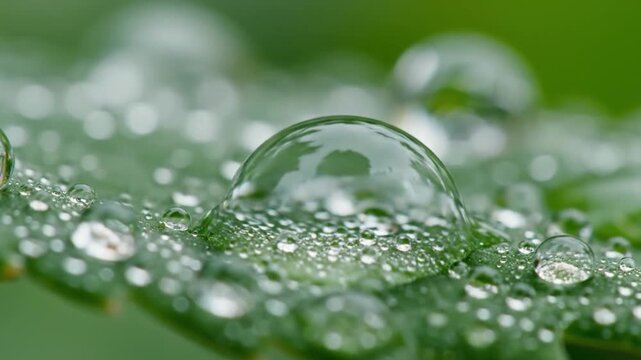 Close-up of water droplets forming globe shapes on a vibrant green leaf