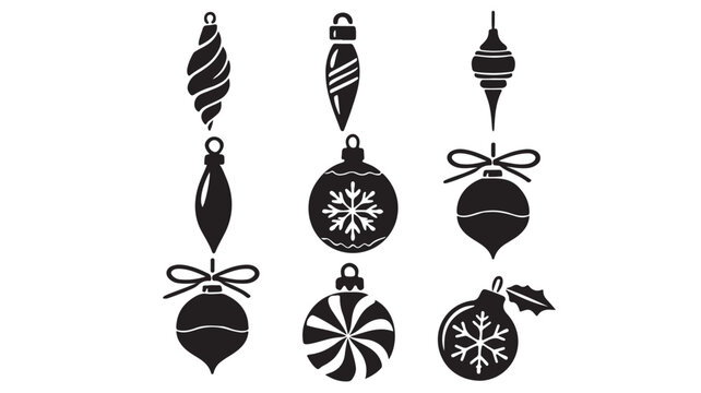 Christmas ornament icons set, black silhouette holiday baubles, 9 festive winter decorations, minimalist xmas tree hanging elements