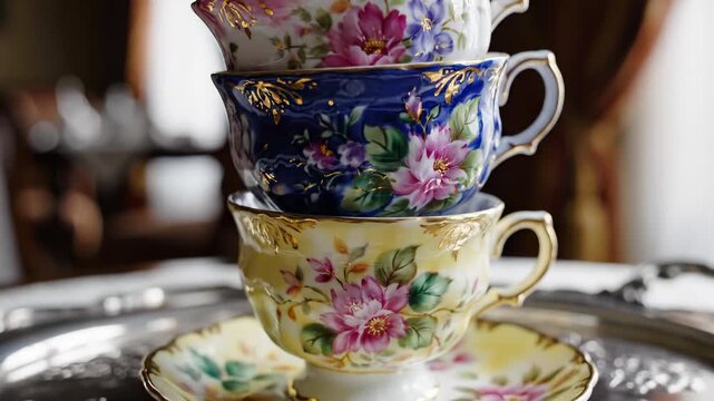 Stack of vintage porcelain teacups with floral patterns and gold trim on silver tray