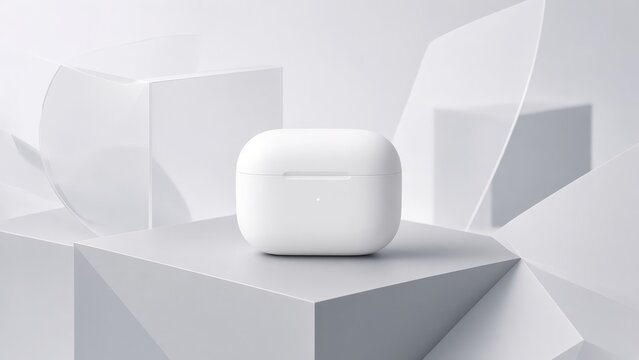 White wireless earbuds charging case resting on a minimalist geometric pedestal in an abstract environment