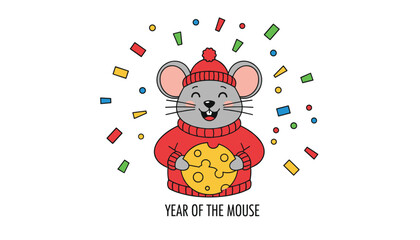 Fototapeta premium Cute little cartoon mouse wearing a red knitted sweater and winter hat holding a large round cheese block.