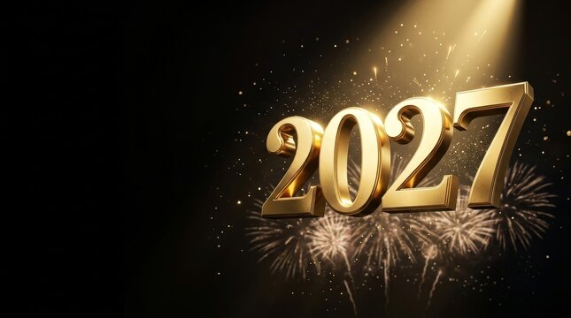 Festive golden 2027 new year text illuminated by fireworks in vibrant celebration background