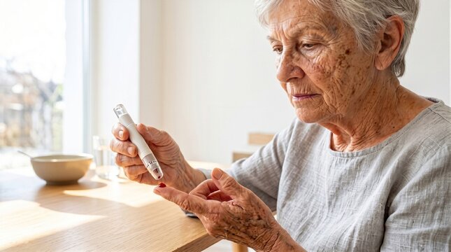 Elderly woman measuring blood sugar level with glucometer at home. Diabetes test with drop of blood on finger. Senior healthcare, glucose monitoring and chronic disease management concept.