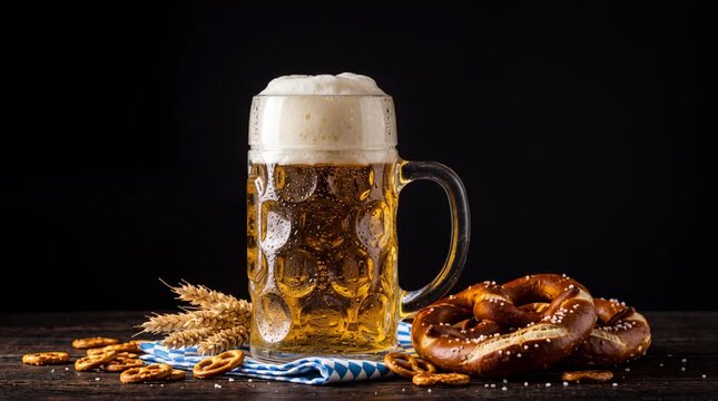 A glass mug of beer with a frothy head sits on a wooden table. Nearby are pretzels and wheat grains, creating a rustic, inviting atmosphere.