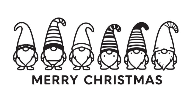 Christmas gnomes vector illustration, set of 6 Nordic garden gnomes with Merry Christmas text, black and white holiday gnome line art