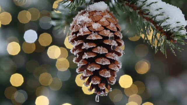 A snow-covered pine cone hangs from a tree branch. Soft, blurred lights create a warm bokeh background, evoking a cozy winter atmosphere.