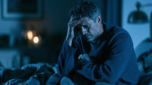 Sad mature man wake up at night with headache depression and insomnia bad