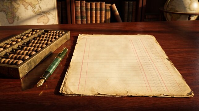 Blank aged ledger paper resting next to an antique abacus and fountain pen on a mahogany desk