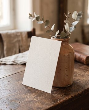 Minimalist blank greeting card mockup leaning against a terracotta vase on a wooden surface
