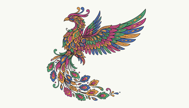 Majestic phoenix bird in flight showing highly detailed colorful feathers isolated on a clean white background.