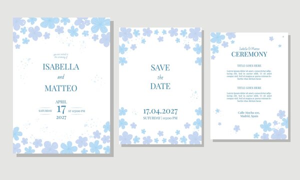 Elegant wedding stationery set with blue floral design, including invitation, RSVP, menu, and ceremony cards
