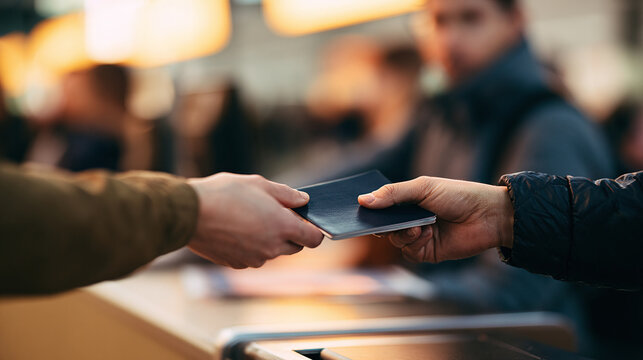 Passanger handing over a passport at the airport check in desk at night