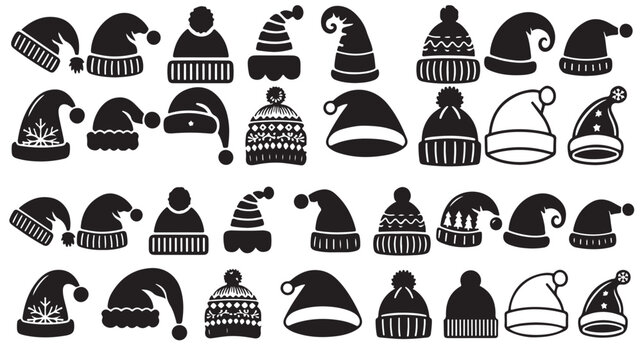 Christmas Santa hat silhouettes, winter beanie cap icons set, black holiday headwear vector collection for festive graphic design