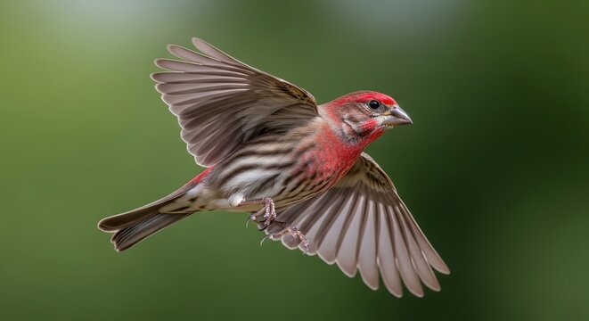 Purple finch bird in graceful flight against verdant sky