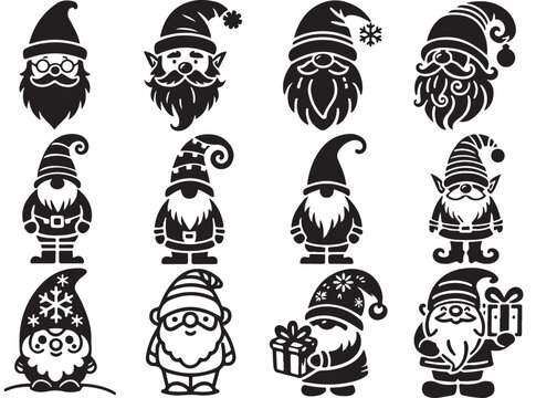 Christmas gnome silhouettes, 12 holiday garden gnome icons, black and white winter dwarf vector set for laser cutting and crafts