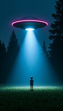 Extraterrestrial being standing in a mystical forest clearing, illuminated by a glowing spaceship light beam from above