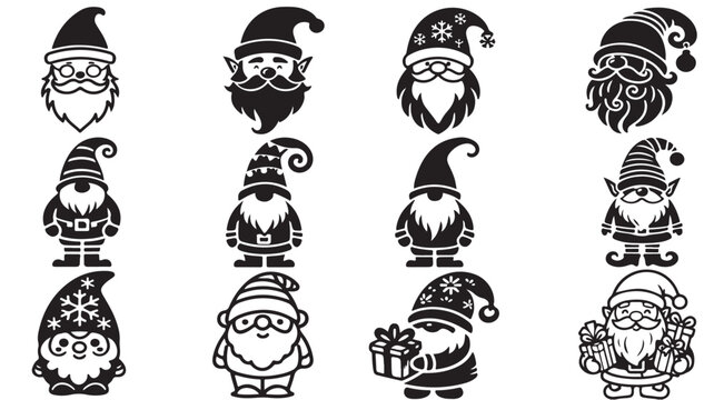 Christmas gnome vector set, 12 black and white garden gnomes, festive holiday dwarf character icons for vinyl cutting and crafts