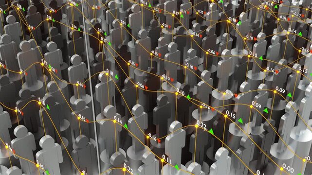 Seamless loop of abstract 3D demographic infographic with rising human figure columns and networked financial trend lines. Big data social analytics and stock trading indicators technology background.