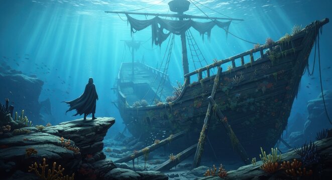 Mysterious figure standing on submerged ancient ruins beneath the sea