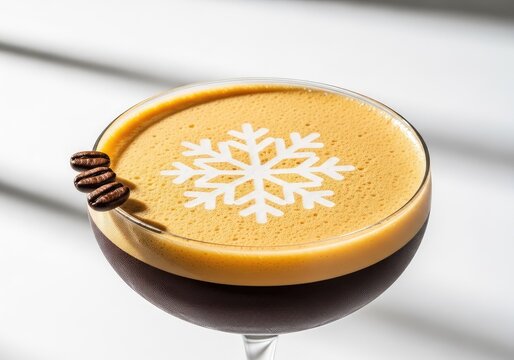 An elegant espresso martini served in a chilled coupe glass, topped with a delicate white cocoa snowflake stencil and fresh coffee beans, decoration, garnish, glass