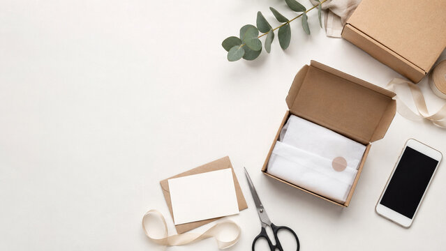 Ecommerce packaging flat lay with cardboard box blank card and smartphone
