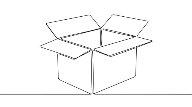Minimalist continuous line drawing of an open cardboard box, simple outline vector of a delivery package, shipping container icon