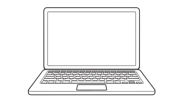 Minimalist laptop line art vector, open notebook computer outline, blank screen device illustration for tech web design