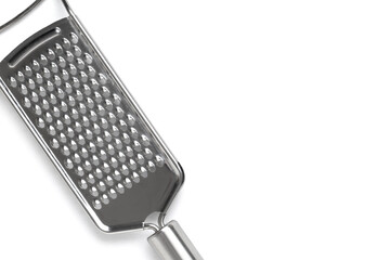 Food preparation and cooking, stainless steel kitchen grater for cheese and vegetables on a clean white background © Pixel-Shot