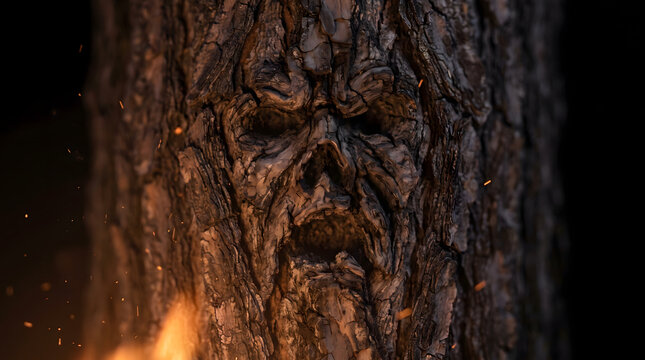 A terrifying horror concept of an ancient tree spirit or monster face naturally formed on rough wood bark. The creepy screaming expression is dramatically illuminated by glowing orange fire embers...