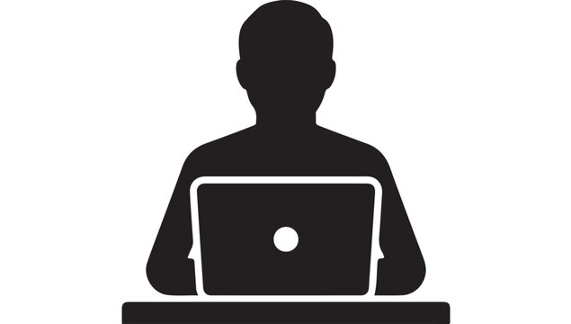 Minimalist person with laptop icon, black silhouette of man working on computer, professional freelancer or student vector graphic