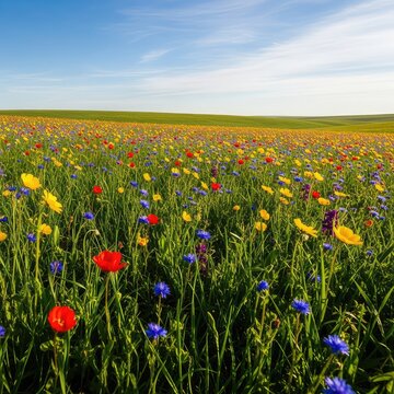 Colorful wildflowers bloom across a vast green meadow under the warm spring sun, creating a peaceful and scenic natural landscape setting, vegetation, rural, scenery