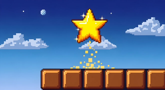 Pixel Art Golden Star Reward Floating Above Game Platform
