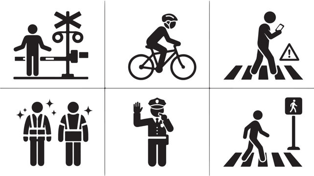 Road safety icons set, pedestrian and traffic security symbols, 6 black vector pictograms for urban transportation and public warning