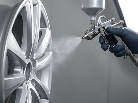 Car alloy wheel painting with pneumatic spray gun in a professional auto body workshop