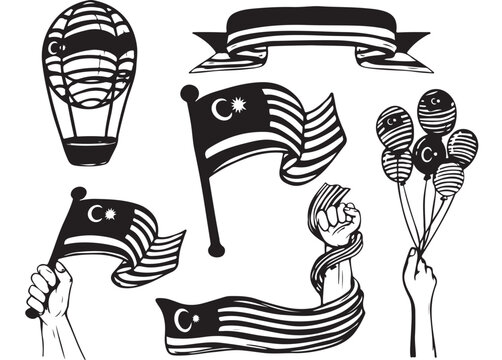 Malaysia national flag vector set, black and white patriotic elements, Malaysian celebration icons for independence day and national events