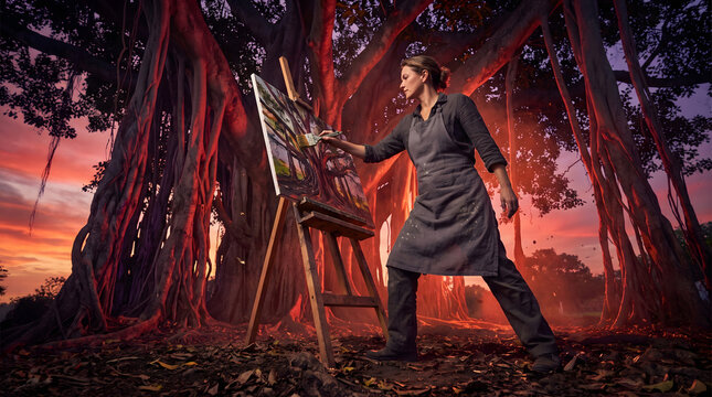 An elegant female painter standing in an apron, creating a landscape painting on a wooden easel canvas amidst giant banyan trees. The background features a dramatic red and orange sunset sky, casti...