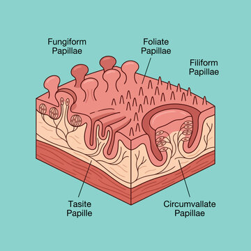 Medical Vector Illustration of the Human Tongue Surface Structure Showing Cross-Section with Fungiform, Foliate, Filiform, and Circumvallate Papillae and Taste Buds Anatomy.