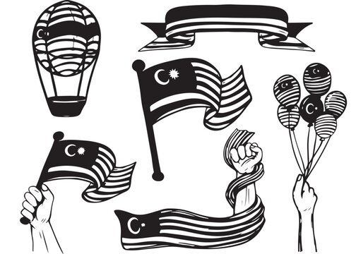 Malaysia flag vector set, patriotic hand drawn Malaysian national symbols, black and white independence day celebration elements