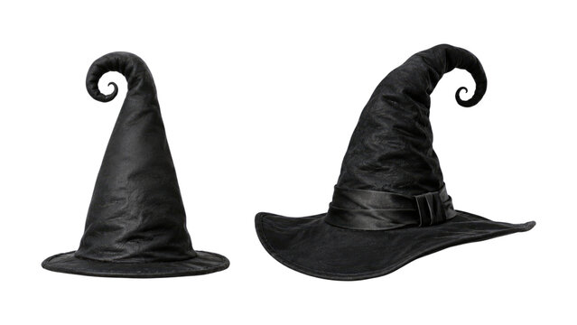 Two black pointed witch hats with curled tips, one with a wide brim and satin ribbon, textured fabric suitable for Halloween, costume, cosplay, theater, and fantasy scenes
