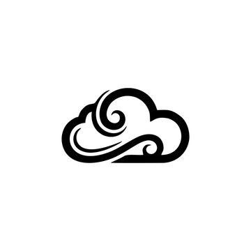 Minimalist black and white cloud icon with decorative swirling wind lines.