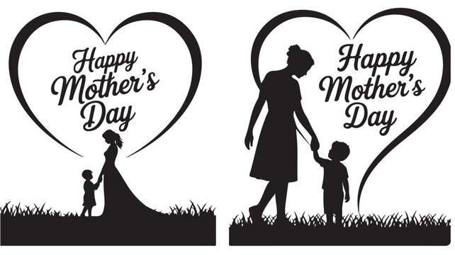 Happy Mother's Day silhouette vector, mother and child holding hands in heart frame, black and white family greeting card design