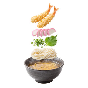 Floating 3D deconstructed Japanese tempura udon noodle with dashi broth, white udon, scallions, kamaboko fish cake, crispy tempura jumbo shrimp isolated on transparent background png
