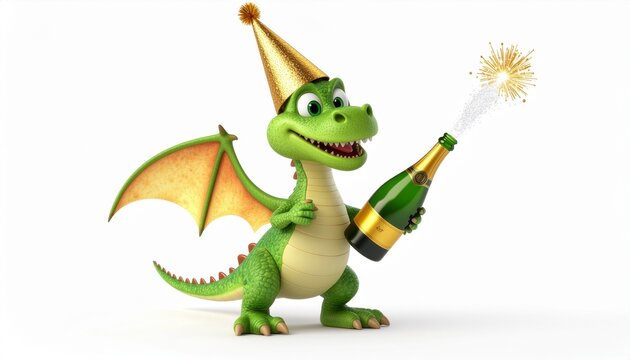Cute cartoon green dragon character celebrating with champagne.