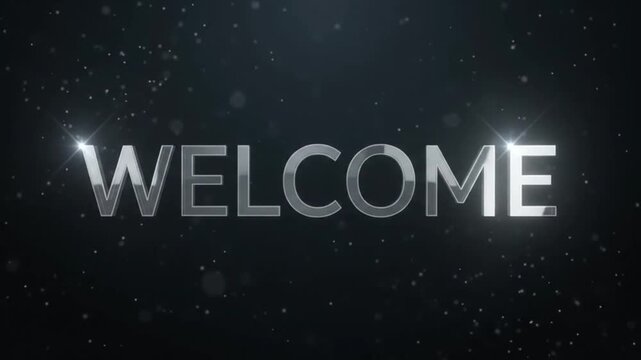 Glossy glass and chrome 3D WELCOME text animation with sparkling particles and soft light on dark background